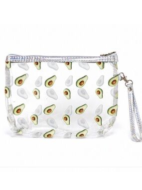 NEW - Clear Avocado Print Wristlet / Cosmetic Makeup Bag Case w Hologram Piping